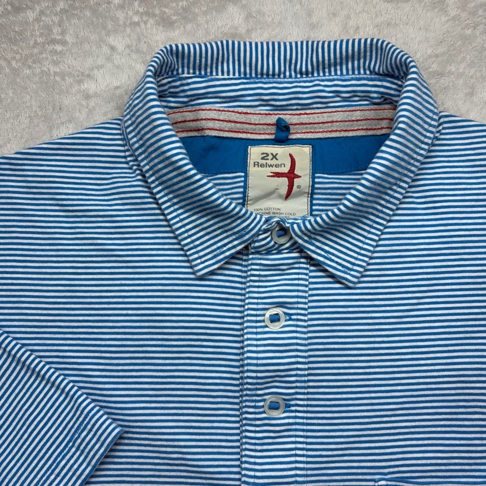 Relwen Polo Shirt Mens 2XL Blue White Striped Short Sleeve Cotton Chest Pocket